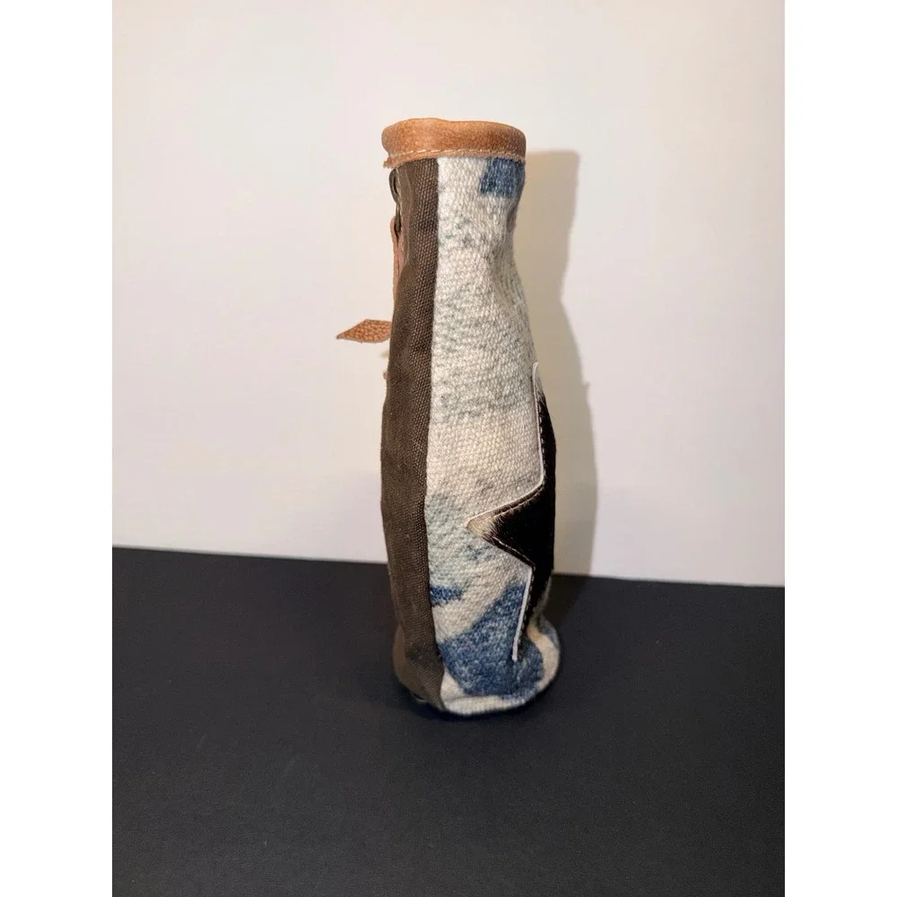 Western Star Wine Bottle Koozie Carrier Canvas Leather Hair-on-Hide Brown Blue‎